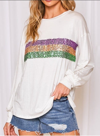 Mardi Gras Knit Top with Ruffle Sleeves