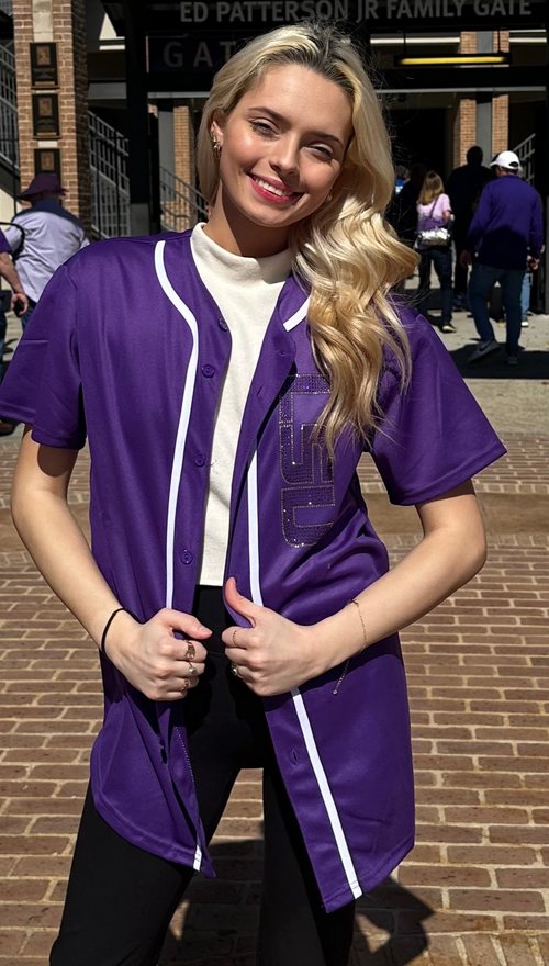 Baseball Jersey with LSU Rhinestone Applique