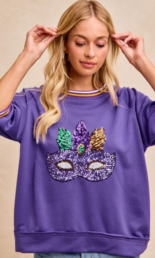 Mardi Gras Retro Sweatshirt with Sequins Mask Applique