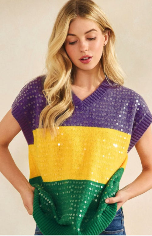 Mardi Gras knit sweater vest with sequins