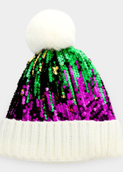 Mardi Gras sequins Pom Beanie