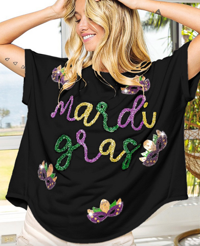 Mardi Gras Knit Top with Ruffle Sleeves